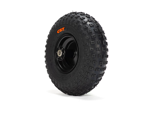 Front view of a Stomp Ebox Dragster front wheel with mounted tire, showing tread pattern and rim design against a plain background.