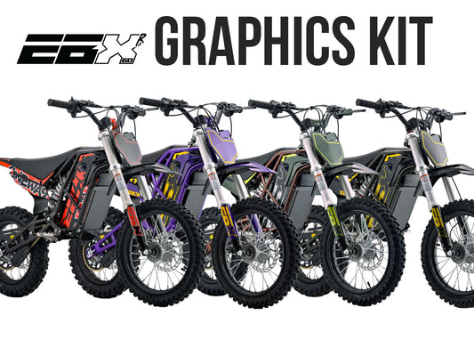 Stomp Ebox EBX 60R dirt bike with custom graphics kit, featuring bold red, black, and white design elements and logo decals on the body panels.