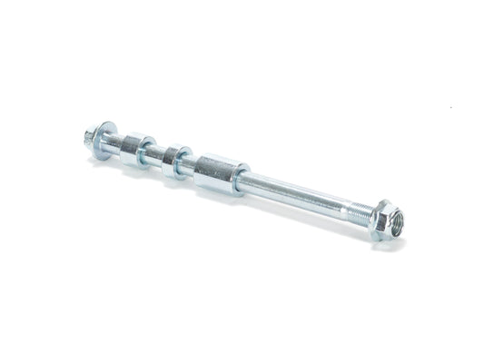 Stomp Ebox rear wheel axle, silver metal rod with threaded ends, displayed on a white background.